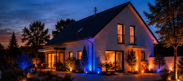 Atmosphärisch beleuchtetes Haus als Bildmotiv für Halloween for Hue