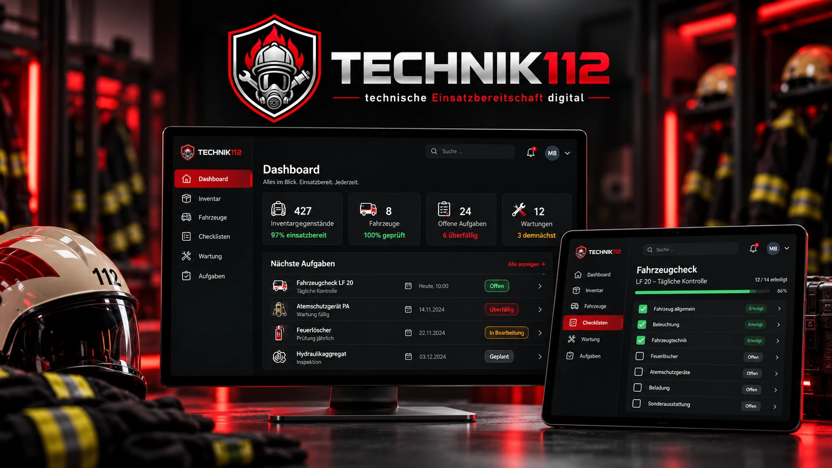 Technik112-Konzeptbild mit Monitor und Tablet. Die gezeigte Benutzeroberfl&auml;che ist eine Illustration, kein echter Software-Screenshot.