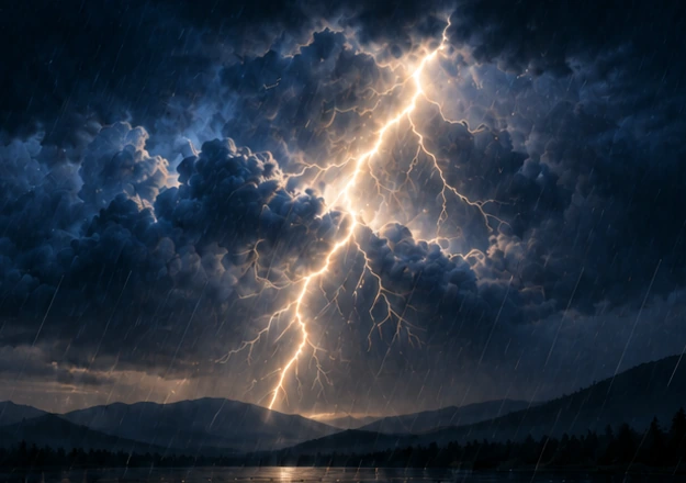 Atmosphärisches Gewittermotiv mit Regen und leuchtendem Blitz; illustratives Produktbild, keine App-Aufnahme